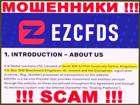 На сайте EZCFDS приведен офшорный официальный адрес организации - Suite 305 Griffith Corporate Centre, Kingstown, P.O. Box 1510 Beachmout Kingstown, St. Vincent and the Grenadines, будьте крайне внимательны - мошенники