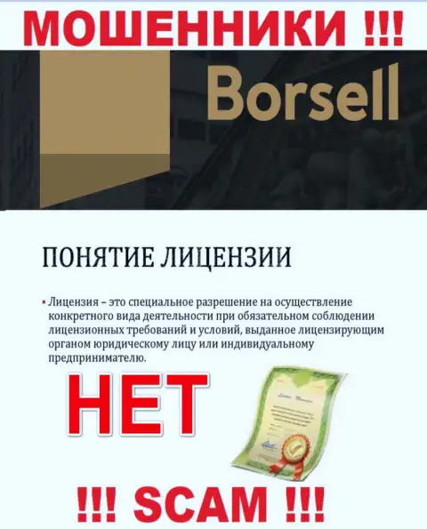 Вы не сможете найти информацию о лицензии интернет мошенников Borsell Ru, т.к. они ее не имеют
