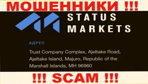 За надувательство людей интернет-разводилам Статус Маркетс ничего не будет, поскольку они засели в оффшорной зоне: Trust Company Complex, Ajeltake Road, Ajeltake Island, Majuro, Republic of the Marshall Islands, MH 96960