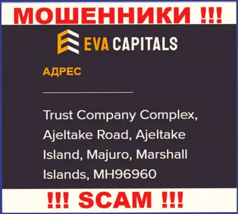 На сайте Eva Capitals предоставлен офшорный адрес регистрации организации - Trust Company Complex, Ajeltake Road, Ajeltake Island, Majuro, Marshall Islands, MH96960, будьте крайне бдительны - это мошенники