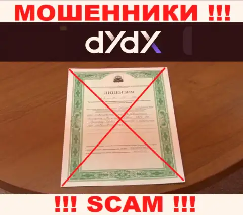 У dYdX напрочь отсутствуют данные о их номере лицензии - наглые обманщики !!!
