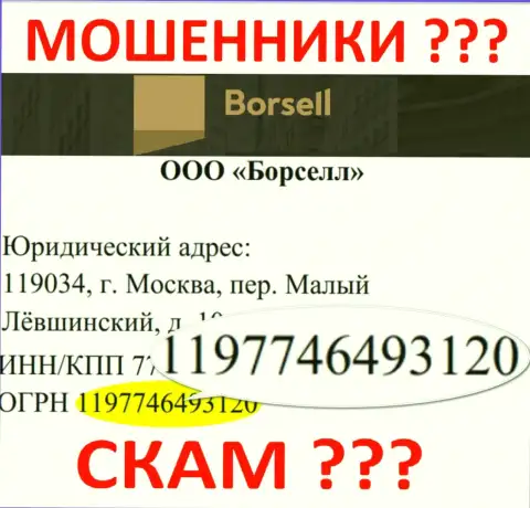 Номер регистрации преступно действующей компании Borsell Ru - 1197746493120